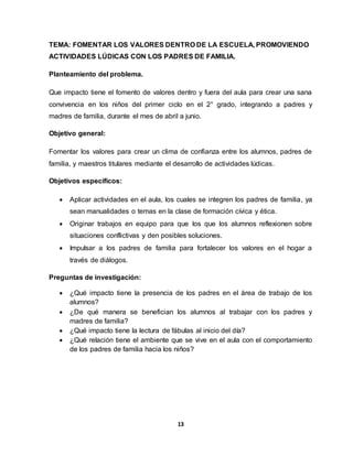 13
TEMA: FOMENTAR LOS VALORES DENTRO DE LA ESCUELA, PROMOVIENDO
ACTIVIDADES LÚDICAS CON LOS PADRES DE FAMILIA.
Planteamiento del problema.
Que impacto tiene el fomento de valores dentro y fuera del aula para crear una sana
convivencia en los niños del primer ciclo en el 2° grado, integrando a padres y
madres de familia, durante el mes de abril a junio.
Objetivo general:
Fomentar los valores para crear un clima de confianza entre los alumnos, padres de
familia, y maestros titulares mediante el desarrollo de actividades lúdicas.
Objetivos específicos:
 Aplicar actividades en el aula, los cuales se integren los padres de familia, ya
sean manualidades o temas en la clase de formación cívica y ética.
 Originar trabajos en equipo para que los que los alumnos reflexionen sobre
situaciones conflictivas y den posibles soluciones.
 Impulsar a los padres de familia para fortalecer los valores en el hogar a
través de diálogos.
Preguntas de investigación:
 ¿Qué impacto tiene la presencia de los padres en el área de trabajo de los
alumnos?
 ¿De qué manera se benefician los alumnos al trabajar con los padres y
madres de familia?
 ¿Qué impacto tiene la lectura de fábulas al inicio del día?
 ¿Qué relación tiene el ambiente que se vive en el aula con el comportamiento
de los padres de familia hacia los niños?
 