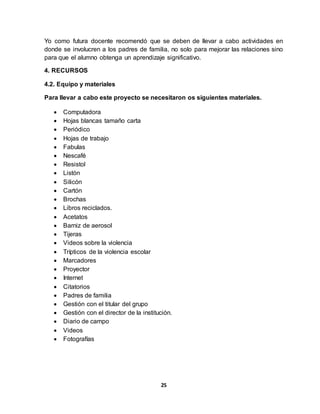 25
Yo como futura docente recomendó que se deben de llevar a cabo actividades en
donde se involucren a los padres de familia, no solo para mejorar las relaciones sino
para que el alumno obtenga un aprendizaje significativo.
4. RECURSOS
4.2. Equipo y materiales
Para llevar a cabo este proyecto se necesitaron os siguientes materiales.
 Computadora
 Hojas blancas tamaño carta
 Periódico
 Hojas de trabajo
 Fabulas
 Nescafé
 Resistol
 Listón
 Silicón
 Cartón
 Brochas
 Libros reciclados.
 Acetatos
 Barniz de aerosol
 Tijeras
 Videos sobre la violencia
 Trípticos de la violencia escolar
 Marcadores
 Proyector
 Internet
 Citatorios
 Padres de familia
 Gestión con el titular del grupo
 Gestión con el director de la institución.
 Diario de campo
 Videos
 Fotografías
 