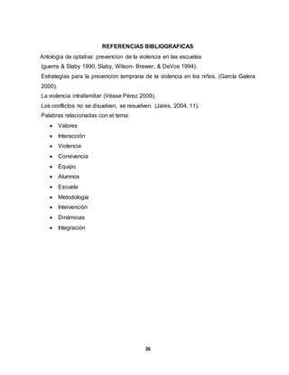 26
REFERENCIAS BIBLIOGRAFICAS
Antologia de optativa: prevencion de la violencia en las escuelas
(guerra & Slaby 1990, Slaby, Wilson- Brewer, & DeVos 1994).
Estrategias para la prevención temprana de la violencia en los niños, (García Galera
2000).
La violencia intrafamiliar (Véase Pérez 2009).
Los conflictos no se disuelven, se resuelven. (Jares, 2004, 11).
Palabras relacionadas con el tema:
 Valores
 Interacción
 Violencia
 Convivencia
 Equipo
 Alumnos
 Escuela
 Metodología
 Intervención
 Dinámicas
 Integración
 