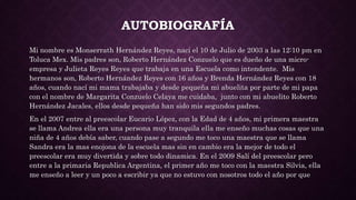 AUTOBIOGRAFÍA
Mi nombre es Monserrath Hernández Reyes, nací el 10 de Julio de 2003 a las 12:10 pm en
Toluca Mex. Mis padres son, Roberto Hernández Conzuelo que es dueño de una micro-
empresa y Julieta Reyes Reyes que trabaja en una Escuela como intendente. Mis
hermanos son, Roberto Hernández Reyes con 16 años y Brenda Hernández Reyes con 18
años, cuando nací mi mama trabajaba y desde pequeña mi abuelita por parte de mi papa
con el nombre de Margarita Conzuelo Celaya me cuidaba, junto con mi abuelito Roberto
Hernández Jacales, ellos desde pequeña han sido mis segundos padres.
En el 2007 entre al preescolar Eucario López, con la Edad de 4 años, mi primera maestra
se llama Andrea ella era una persona muy tranquila ella me enseño muchas cosas que una
niña de 4 años debía saber, cuando pase a segundo me toco una maestra que se llama
Sandra era la mas enojona de la escuela mas sin en cambio era la mejor de todo el
preescolar era muy divertida y sobre todo dinamica. En el 2009 Salí del preescolar pero
entre a la primaria Republica Argentina, el primer año me toco con la maestra Silvia, ella
me enseño a leer y un poco a escribir ya que no estuvo con nosotros todo el año por que
 
