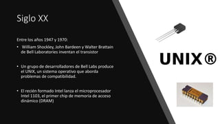 Siglo XX
Entre los años 1947 y 1970:
• William Shockley, John Bardeen y Walter Brattain
de Bell Laboratories inventan el transistor
• Un grupo de desarrolladores de Bell Labs produce
el UNIX, un sistema operativo que aborda
problemas de compatibilidad.
• El recién formado Intel lanza el microprocesador
Intel 1103, el primer chip de memoria de acceso
dinámico (DRAM)
 