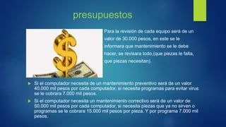 presupuestos
 Para la revisión de cada equipo será de un
valor de 30.000 pesos, en este se le
informara que mantenimiento se le debe
hacer, se revisara todo,(que piezas le falta,
que piezas necesitan).
 Si el computador necesita de un mantenimiento preventivo será de un valor
40.000 mil pesos por cada computador, si necesita programas para evitar virus
se le cobrara 7.000 mil pesos.
 Si el computador necesita un mantenimiento correctivo será de un valor de
50.000 mil pesos por cada computador, si necesita piezas que ya no sirven o
programas se le cobrara 15.000 mil pesos por pieza. Y por programa 7.000 mil
pesos.
 