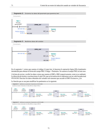71 Control de un motor de inducción usando un variador de frecuencia
71
En el segmento 1 vemos que usamos el código (1) para leer, le hacemos la operación lógica OR al parámetro
introducido para obtener la forma del campo PKE: Código + Parámetro. No usamos el campo PWE en este caso.
A la hora de enviar y recibir los datos vemos que usamos el DB2 y DB3 respectivamente, como ya se adelantó.
La dirección de lectura yescritura tiene el valor 256, que en la instrucción lo indicamos con un valor hexadecimal
W#16#100. Para leer los datos obtenidos del variador solo tenemos que acceder al DB3 Parámetros_Get.
La función que se usa para modificar los parámetros es la siguiente:
 