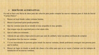  DISEÑO DE ALTERNATIVAS
En esta se hace una lluvia de ideas para dar solución para poder comprar las nuevas ventanas para el Aula de Inicial
“Caritas Dulces”:
1. Buscar un local donde vedan ventanas baratas.
2. Buscar el personal quien pueda ponerlas
3. Que las ventanas sean de un tamaño ni muy pequeñas ni muy grandes.
4. Que tengan rejas de seguridad para evitar algún robo.
5. Que el vidrio sea resistente.
6. Además de que estén a bajos precios pero que sean de calidad y tener esa plena confianza de comprar.
7. Si quedaran bien las nuevas ventanas.
8. Y si no encontramos la persona quien instale las nuevas ventanas, donde podríamos conseguir otra persona para
que lo realice.
9. Buscar un lugar en donde se puede dar clases a los niños para que no se vayan a lastimar con los trabajos de
instalación de las nuevas ventanas.
 