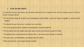  FASE DE REVISIÓN
En esta fase tenemos que hacer una revisión minuciosa en la compra de las nuevas ventanas para el Aula de
Inicial “Caritas Dulces”.
Si los precios están de acorde con el presupuesto antes hecho y que nos vayan a engañar y sean de mala
calidad.
Contrastar de que las nuevas ventanas son resistentes.
Ver si los protectores de ventana son resistentes y de buen material.
Se las puede hacer de madera para que sean un poco mas atractivas para los niños.
Se puedan abrir correctamente de manera fácil y no tome mucho tiempo en abrirlas.
Ver que sean o correspondan a un peligro para los niños.
Que sean bonitas y que tengan buena claridad.
 
