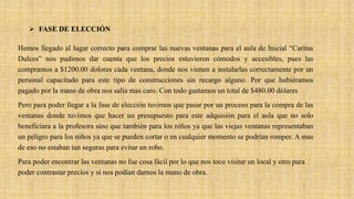  FASE DE ELECCIÓN
Hemos llegado al lugar correcto para comprar las nuevas ventanas para el aula de Inicial “Caritas
Dulces” nos pudimos dar cuenta que los precios estuvieron cómodos y accesibles, pues las
compramos a $1200.00 dolores cada ventana, donde nos vienen a instalarlas correctamente por un
personal capacitado para este tipo de construcciones sin recargo alguno. Por que hubiéramos
pagado por la mano de obra nos salía mas caro. Con todo gastamos un total de $480.00 dólares
Pero para poder llegar a la fase de elección tuvimos que pasar por un proceso para la compra de las
ventanas donde tuvimos que hacer un presupuesto para este adquisión para el aula que no solo
beneficiara a la profesora sino que también para los niños ya que las viejas ventanas representaban
un peligro para los niños ya que se pueden cortar o en cualquier momento se podrían romper. A mas
de eso no estaban tan seguras para evitar un robo.
Para poder encontrar las ventanas no fue cosa fácil por lo que nos toco visitar un local y otro para
poder contrastar precios y si nos podían darnos la mano de obra.
 