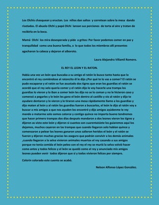 Los Olchis chasquean y eructan. Los niños dan saltos y corretean sobre la mesa dando
risotadas. El abuelo Olchi y papá Olchi lanzan sus porciones de torta al aire y tratan de
recibirla en la boca.
Mamá Olchi los mira desesperada y pide a gritos: Por favor podemos comer en paz y
tranquilidad como una buena familia, a lo que todos los miembros allí presentes
agacharon la cabeza y dejaron el alboroto.
Laura Alejandra Villamil Romero.
EL REY EL LEON Y EL RATON.
Había una vez un león que buscaba a su amigo el ratón lo busco tanto hasta que lo
encontró el rey comiéndose al ratoncito él le dijo ¿Por qué te lo vas a comer? El ratón se
pudo escaparse y el ratón se fue asustado dos tigres que eran los guardias el ratón se
acordó que el rey selo quería comer y el ratón dijo le voy hacerle una trampa los
guardias lo vieron y lo iban a comer león les dijo no se lo coman y no le hicieron caso y
comenzó a pegarles y le león les gano el león dentro al castillo y vio al ratón y dijo te
ayudare dentaron y lo vieron y le tiraron una mesa rápidamente llamo a los guardias y
dijo maten al león y al ratón los guardias fueron a buscarlos, el león le dijo al ratón voy a
buscar a mis amigos a que nos ayuden los encontró y dijo amigos ayúdenme le rey
mando a matarme solo somos catorce y contigo quince no importa bueno tendremos
que hacer primero trampas dos días después mandaron a dos leones vieron los tigres y
dijeron as visto este león y dijeron si cuantos son cuarentaisiete los guiaremos aquí los
dejamos, muchos cayeron en las trampas que cuando llegaron solo habían quince y
comenzaron a pelear los leones ganaron unos salieron heridos el león y el ratón se
fueron y dijeron muchas gracias les aseguro que podrán convivir a los demás animales
,cuando llegaron a la selva vivieron animales muertos el rey casando a sus amigos
porque no tenía comida el león peleo con el rey el rey se murió la selva volvió hacer
como antes y todos felices y el león se quedó como el rey y anunciado mis amigos
leones pueden venir todos dijeron que si y todos vivieron felices por siempre.
Colorín colorado este cuento se acabó.
Nelson Alfonso López González.
 