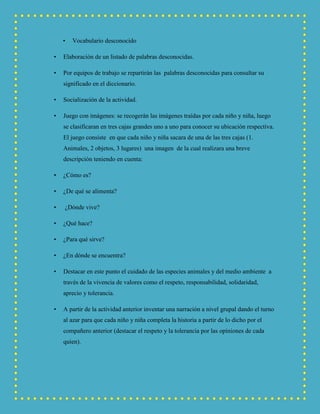 • Vocabulario desconocido
• Elaboración de un listado de palabras desconocidas.
• Por equipos de trabajo se repartirán las palabras desconocidas para consultar su
significado en el diccionario.
• Socialización de la actividad.
• Juego con imágenes: se recogerán las imágenes traídas por cada niño y niña, luego
se clasificaran en tres cajas grandes uno a uno para conocer su ubicación respectiva.
El juego consiste en que cada niño y niña sacara de una de las tres cajas (1.
Animales, 2 objetos, 3 lugares) una imagen de la cual realizara una breve
descripción teniendo en cuenta:
• ¿Cómo es?
• ¿De qué se alimenta?
• ¿Dónde vive?
• ¿Qué hace?
• ¿Para qué sirve?
• ¿En dónde se encuentra?
• Destacar en este punto el cuidado de las especies animales y del medio ambiente a
través de la vivencia de valores como el respeto, responsabilidad, solidaridad,
aprecio y tolerancia.
• A partir de la actividad anterior inventar una narración a nivel grupal dando el turno
al azar para que cada niño y niña completa la historia a partir de lo dicho por el
compañero anterior (destacar el respeto y la tolerancia por las opiniones de cada
quien).
 
