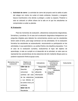 c. Actividad de cierre: La actividad de cierre del proyecto será la salida al patio 
del colegio con motivo de cuidar el medio ambiente, limpiarán y recogerán 
basura incentivando a los demás a proteger y cuidar su espacio. Posterior a 
esto se colocará un afiche afuera de la sala en el que los estudiantes se 
comprometen a cuidar su planeta. 
XI. Evaluación 
Para los momentos de evaluación, utilizaremos evaluaciones diagnosticas, 
formativas y sumativas. En el caso de la evaluación diagnóstica trabajaremos con 
preguntas dirigidas para detectar los conocimientos previos que los estudiantes 
tienen sobre el tema, para luego comenzar con las actividades. En la evaluación 
formativa los estudiantes se autoevaluarán, reconociendo su participación en las 
actividades, lo que aprendieron y su actitud frente a los desafíos propuestos. Y en 
el caso de la evaluación sumativa, evaluaremos el logro del objetivo de 
aprendizaje, si este se cumplió en el desarrollo de la actividad, en este caso es 
representar las características de las estaciones del año mediante dibujos para su 
posterior exposición frente al grupo curso. 
Momentos de la 
evaluación 
Objetivo de 
aprendizaje Indicadores 
Procedimiento o 
actividad de 
evaluación 
Instrumento 
Inicio CN01 OA 12 
Describir y 
comunicar los 
cambios del ciclo 
de las estaciones 
y sus efectos en 
los seres vivos y el 
ambiente. 
MA01 OA 19 
Recolectar y 
- Responden 
preguntas, 
utilizando la 
información 
recolectada. 
Evaluación 
Diagnóstica. 
- Mediante 
preguntas 
dirigidas. 
 