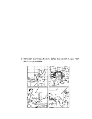 2. Marca con una  las actividades donde desperdicien el agua, y con 
una  donde la cuiden. 
 