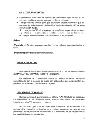 3
OBJETIVOS ESPECIFICOS:
 Experimentar situaciones de aprendizaje placenteras, que favorezcan los
vínculos, estableciendo relaciones de confianza y disfrute.
 Trabajar con las familias para que asuman el papel fundamental que les
corresponde en la educación de los niños, pudiendo utilizar la LSA para una
comunicación fluida.
 Integrar las TIC a los procesos de enseñanza y aprendizaje en áreas
específicas y con contenidos concretos, haciendo uso de las nuevas
tecnologías y orientándolas a la adquisición de nuevos saberes.
Sobre:
-Vocabulario: Asociar, reconocer, nombrar, copiar palabras correspondientes al
tema.
-Discriminación visual: Discriminar grafemas.
ÁREAS A TRABAJAR:
Se trabajará de manera interdisciplinaria abarcando las aéreas curriculares
de MATEMATICA, ESPAÑOL ESCRITO y CIENCIAS.
Los docentes de “Orientación Manual” y “Lengua de Señas” trabajarán
conjuntamente con la docente del grado con actividades que complementen las
presentadas en el área curricular que lo requiera.
ESTRATEGIAS DE TRABAJO:
Con los alumnos de primer grado, en el tema “LAS FRUTAS” se trabajarán
los contenidos de las diferentes áreas, abordándolos desde los materiales
tradicionales y las TIC como nuevo recurso.
Se brindaran prácticas escolares que favorecerán el aprendizaje y el
acceso a los contenidos curriculares en el contexto educativo, su valor se verá
potenciado por la posibilidad de adecuarse a la diversidad de las necesidades y
las posibilidades de los estudiantes.
 