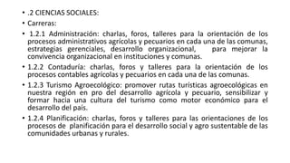 • .2 CIENCIAS SOCIALES:
• Carreras:
• 1.2.1 Administración: charlas, foros, talleres para la orientación de los
procesos administrativos agrícolas y pecuarios en cada una de las comunas,
estrategias gerenciales, desarrollo organizacional, para mejorar la
convivencia organizacional en instituciones y comunas.
• 1.2.2 Contaduría: charlas, foros y talleres para la orientación de los
procesos contables agrícolas y pecuarios en cada una de las comunas.
• 1.2.3 Turismo Agroecológico: promover rutas turísticas agroecológicas en
nuestra región en pro del desarrollo agrícola y pecuario, sensibilizar y
formar hacia una cultura del turismo como motor económico para el
desarrollo del país.
• 1.2.4 Planificación: charlas, foros y talleres para las orientaciones de los
procesos de planificación para el desarrollo social y agro sustentable de las
comunidades urbanas y rurales.
 