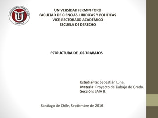 UNIVERSIDAD FERMIN TORO
FACULTAD DE CIENCIAS JURIDICAS Y POLITICAS
VICE-RECTORADO ACADÉMICO
ESCUELA DE DERECHO
ESTRUCTURA DE LOS TRABAJOS
Estudiante: Sebastián Luna.
Materia: Proyecto de Trabajo de Grado.
Sección: SAIA B.
Santiago de Chile, Septiembre de 2016
 