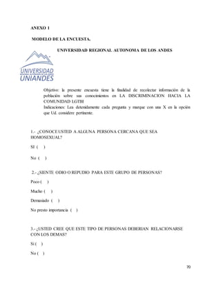 70
ANEXO 1
MODELO DE LA ENCUESTA.
UNIVERSIDAD REGIONAL AUTONOMA DE LOS ANDES
Objetivo: la presente encuesta tiene la finalidad de recolectar información de la
población sobre sus conocimientos en LA DISCRIMINACION HACIA LA
COMUNIDAD LGTBI
Indicaciones: Lea detenidamente cada pregunta y marque con una X en la opción
que Ud. considere pertinente.
1.- ¿CONOCEUSTED A ALGUNA PERSONA CERCANA QUE SEA
HOMOSEXUAL?
SI ( )
No ( )
2.- ¿SIENTE ODIO O REPUDIO PARA ESTE GRUPO DE PERSONAS?
Poco ( )
Mucho ( )
Demasiado ( )
No presto importancia ( )
3.- ¿USTED CREE QUE ESTE TIPO DE PERSONAS DEBERIAN RELACIONARSE
CON LOS DEMAS?
Si ( )
No ( )
 
