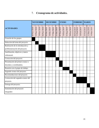 21
Cronograma de actividades.
ACTIVIDADES
NOVIEMBRE DICIEMBRE ENERO FEBRERO MARZO
05/Nov/2018
12/Nov/2018
19/Nov/2018
26/Nov/2018
03/Dic/2018
10/Dic/2018
17/Dic/2018
21/Dic/2018
07/Ene/2019
14/Ene/2019
21/Ene/2019
28/Ene/2019
04/Feb/2019
11/Feb/2019
18/Feb/2019
25/Feb/2018
11/Marz/2019
14/Marz/2019
Creación de los grupos.
Selección del tema del proyecto.
Realización de la introducción y
problematización del proyecto.
Justificación, objetivos y marco
referencial.
Corrección del proyecto.
Presentación del primer avance a
docentes y coordinadora.
Reunión con el grupo de trabajo.
Segundo avance del proyecto.
Recomendaciones del proyecto.
Corrección del segundo avance del
proyecto.
Entrega del proyecto.
Sustentación del proyecto
integrador.
 