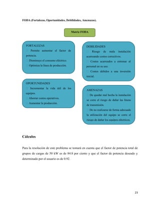 23
FODA (Fortalezas, Oportunidades, Debilidades, Amenazas).
Cálculos
Para la resolución de este problema se tomará en cuenta que el factor de potencia total de
grupos de cargas de 50 kW es de 84.8 por ciento y que el factor de potencia deseado y
determinado por el usuario es de 0.92.
FORTALEZAS
Permite aumentar el factor de
potencia.
Disminuye el consumo eléctrico.
Optimiza la línea de producción.
OPORTUNIDADES
Incrementar la vida útil de los
equipos.
Ahorrar costos operativos.
Aumentar la producción.
DEBILIDADES
Riesgo de mala instalación
acarreando costos correctivos.
Costos acarreados a entrenar al
personal en su uso.
Costos debidos a una inversión
inicial.
Incrementar la vida útil de los
equipos.
Ahorrar costos operativos
Aumentar la producción
AMENAZAS
De quedar mal hecha la instalación
se corre el riesgo de dañar las líneas
de transmisión.
De no realizarse de forma adecuado
la utilización del equipo se corre el
riesgo de dañar los equipos eléctricos.
Matriz FODA
 