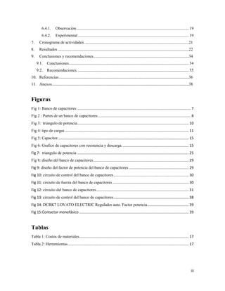 iii
6.4.1. Observación............................................................................................................... 19
6.4.2. Experimental ............................................................................................................. 19
Cronograma de actividades. ......................................................................................................21
Resultados .................................................................................................................................22
Conclusiones y recomendaciones..............................................................................................34
Conclusiones...................................................................................................................... 34
Recomendaciones. ............................................................................................................. 35
Referencias................................................................................................................................36
Anexos.......................................................................................................................................38
Figuras
Fig 1: Banco de capacitores ................................................................................................................ 7
Fig 2 : Partes de un banco de capacitores............................................................................................ 8
Fig 3: triangulo de potencia.............................................................................................................. 10
Fig 4: tipo de cargas .......................................................................................................................... 11
Fig 5: Capacitor................................................................................................................................. 15
Fig 6: Grafico de capacitores con resistencia y descarga.................................................................. 15
Fig 7: triangulo de potencia .............................................................................................................. 25
Fig 8: diseño del banco de capacitores.............................................................................................. 29
Fig 9: diseño del factor de potencia del banco de capacitores ........................................................... 29
Fig 10: circuito de control del banco de capacitores.......................................................................... 30
Fig 11: circuito de fuerza del banco de capacitores ........................................................................... 30
Fig 12: circuito del banco de capacitores........................................................................................... 31
Fig 13: circuito de control del banco de capacitores.......................................................................... 38
Fig 14: DCRK7 LOVATO ELECTRIC Regulador auto. Factor potencia......................................... 39
Fig 15:Contactor monofásico ............................................................................................................ 39
Tablas
Tabla 1: Costos de materiales............................................................................................................ 17
Tabla 2: Herramientas....................................................................................................................... 17
 