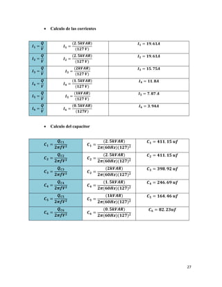 27
 Calculo de las corrientes
𝑰 𝟏 =
𝑸
𝑽
𝑰 𝟏 =
(𝟐. 𝟓𝒌𝑽𝑨𝑹)
(𝟏𝟐𝟕 𝑽)
𝑰 𝟏 = 𝟏𝟗. 𝟔𝟏𝑨
𝑰 𝟐 =
𝑸
𝑽
𝑰 𝟐 =
(𝟐. 𝟓𝒌𝑽𝑨𝑹)
(𝟏𝟐𝟕 𝑽)
𝑰 𝟐 = 𝟏𝟗. 𝟔𝟏𝑨
𝑰 𝟑 =
𝑸
𝑽
𝑰 𝟑 =
(𝟐𝒌𝑽𝑨𝑹)
(𝟏𝟐𝟕 𝑽)
𝑰 𝟑 = 𝟏𝟓. 𝟕𝟓𝑨
𝑰 𝟒 =
𝑸
𝑽
𝑰 𝟒 =
(𝟏. 𝟓𝒌𝑽𝑨𝑹)
(𝟏𝟐𝟕 𝑽)
𝑰 𝟒 = 𝟏𝟏. 𝟖𝑨
𝑰 𝟓 =
𝑸
𝑽
𝑰 𝟓 =
(𝟏𝒌𝑽𝑨𝑹)
(𝟏𝟐𝟕 𝑽)
𝑰 𝟓 = 𝟕. 𝟖𝟕 𝑨
𝑰 𝟔 =
𝑸
𝑽
𝑰 𝟔 =
(𝟎. 𝟓𝒌𝑽𝑨𝑹)
(𝟏𝟐𝟕𝑽)
𝑰 𝟔 = 𝟑. 𝟗𝟒𝑨
 Calculo del capacitor
𝑪 𝟏 =
𝑸 𝑪𝟏
𝟐𝝅𝒇𝑽 𝟐 𝑪 𝟏 =
(𝟐. 𝟓𝒌𝑽𝑨𝑹)
𝟐𝝅(𝟔𝟎𝑯𝒛)(𝟏𝟐𝟕) 𝟐
𝑪 𝟏 = 𝟒𝟏𝟏. 𝟏𝟓 𝒖𝒇
𝑪 𝟐 =
𝑸 𝑪𝟐
𝟐𝝅𝒇𝑽 𝟐 𝑪 𝟐 =
(𝟐. 𝟓𝒌𝑽𝑨𝑹)
𝟐𝝅(𝟔𝟎𝑯𝒛)(𝟏𝟐𝟕) 𝟐
𝑪 𝟐 = 𝟒𝟏𝟏. 𝟏𝟓 𝒖𝒇
𝑪 𝟑 =
𝑸 𝑪𝟑
𝟐𝝅𝒇𝑽 𝟐 𝑪 𝟐 =
(𝟐𝒌𝑽𝑨𝑹)
𝟐𝝅(𝟔𝟎𝑯𝒛)(𝟏𝟐𝟕) 𝟐
𝑪 𝟑 = 𝟑𝟗𝟖. 𝟗𝟐 𝒖𝒇
𝑪 𝟒 =
𝑸 𝑪𝟒
𝟐𝝅𝒇𝑽 𝟐 𝑪 𝟒 =
(𝟏. 𝟓𝒌𝑽𝑨𝑹)
𝟐𝝅(𝟔𝟎𝑯𝒛)(𝟏𝟐𝟕) 𝟐
𝑪 𝟒 = 𝟐𝟒𝟔. 𝟔𝟗 𝒖𝒇
𝑪 𝟓 =
𝑸 𝑪𝟓
𝟐𝝅𝒇𝑽 𝟐 𝑪 𝟓 =
(𝟏𝒌𝑽𝑨𝑹)
𝟐𝝅(𝟔𝟎𝑯𝒛)(𝟏𝟐𝟕) 𝟐
𝑪 𝟓 = 𝟏𝟔𝟒. 𝟒𝟔 𝒖𝒇
𝑪 𝟔 =
𝑸 𝑪𝟔
𝟐𝝅𝒇𝑽 𝟐 𝑪 𝟔 =
(𝟎. 𝟓𝒌𝑽𝑨𝑹)
𝟐𝝅(𝟔𝟎𝑯𝒛)(𝟏𝟐𝟕) 𝟐
𝑪 𝟔 = 𝟖𝟐. 𝟐𝟑𝒖𝒇
 
