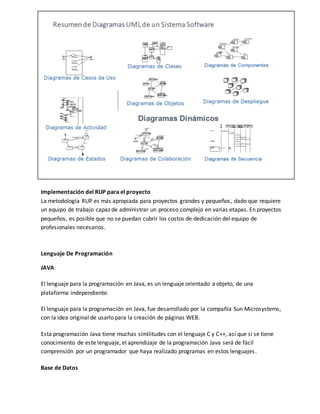 Implementación del RUP para el proyecto 
La metodología RUP es más apropiada para proyectos grandes y pequeños, dado que requiere 
un equipo de trabajo capaz de administrar un proceso complejo en varias etapas. En proyectos 
pequeños, es posible que no se puedan cubrir los costos de dedicación del equipo de 
profesionales necesarios. 
Lenguaje De Programación 
JAVA: 
El lenguaje para la programación en Java, es un lenguaje orientado a objeto, de una 
plataforma independiente. 
El lenguaje para la programación en Java, fue desarrollado por la compañía Sun Microsystems, 
con la idea original de usarlo para la creación de páginas WEB. 
Esta programación Java tiene muchas similitudes con el lenguaje C y C++, así que si se tiene 
conocimiento de este lenguaje, el aprendizaje de la programación Java será de fácil 
comprensión por un programador que haya realizado programas en estos lenguajes . 
Base de Datos 
 