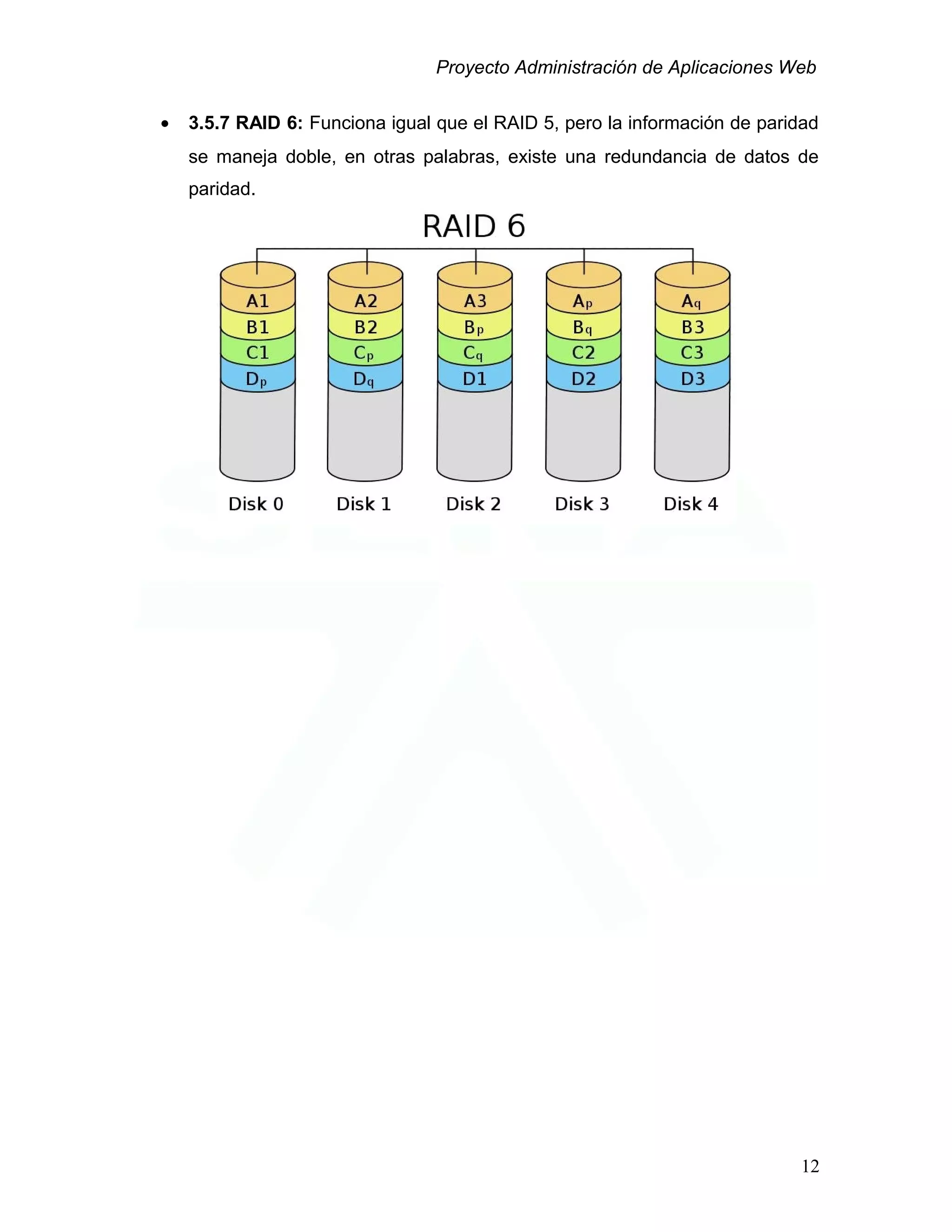 Proyecto Administración de Aplicaciones Web
• 3.5.7 RAID 6: Funciona igual que el RAID 5, pero la información de paridad
se maneja doble, en otras palabras, existe una redundancia de datos de
paridad.
12
 