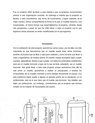 Fue un proyecto difícil de llevar a cabo debido a que no teníamos conocimientos
previos ni una organización concreta, sin embargo a medida que el proyecto se
llevaba a cabo encontramos una forma de coordinarnos y lograr realizarlo de la
mejor manera, fuimos comprendiendo la forma en la que un mueble funciona y sus
componentes, al mismo tiempo que desarrollábamos el proyecto, viéndolo desde
otra perspectiva a pesar de que fue difícil llevar a cabo el proyecto con lo que
logramos varias personas se verían beneficiadas con lo que logramos.
Conclusión.
Con la realización de este proyecto aprendimos varias cosas, una de ellas y la más
importante es que descubrimos que un mueble puede tener varias funciones,
también el proceso que se lleva a cabo para realizarlo y como se tiene que llevar a
cabo y organizarnos de manera óptima. En nuestro equipo el proyecto logro cumplir
nuestras expectativas debido a que cumplía con todos los parámetros establecidos
para ser un mueble funcional y logro ser lo que se tenía estipulado, ser un mueble
funcional. Nos gustó llevar a cabo este proyecto porque aprendimos más allá de
solo armar un mueble, aprendimos a realizar un presupuesto, a analizar los
componentes de un mueble y también a como trabajar eficazmente en equipo. Con
esto podríamos lograr ayudar a alguien un ejemplo podría ser un estudiante o a un
profesionista, esto es lo que hace que el mueble sea funcional, hay detalles que
faltan por perfeccionar, sin embargo, consideramos que el proyecto que hicimos
cumple con la mayoría de necesidades del usuario.
 