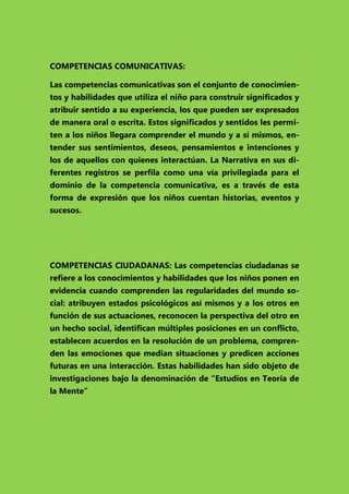 COMPETENCIAS COMUNICATIVAS:
Las competencias comunicativas son el conjunto de conocimientos y habilidades que utiliza el niño para construir significados y
atribuir sentido a su experiencia, los que pueden ser expresados
de manera oral o escrita. Estos significados y sentidos les permiten a los niños llegara comprender el mundo y a sí mismos, entender sus sentimientos, deseos, pensamientos e intenciones y
los de aquellos con quienes interactúan. La Narrativa en sus diferentes registros se perfila como una vía privilegiada para el
dominio de la competencia comunicativa, es a través de esta
forma de expresión que los niños cuentan historias, eventos y
sucesos.

COMPETENCIAS CIUDADANAS: Las competencias ciudadanas se
refiere a los conocimientos y habilidades que los niños ponen en
evidencia cuando comprenden las regularidades del mundo social: atribuyen estados psicológicos así mismos y a los otros en
función de sus actuaciones, reconocen la perspectiva del otro en
un hecho social, identifican múltiples posiciones en un conflicto,
establecen acuerdos en la resolución de un problema, comprenden las emociones que median situaciones y predicen acciones
futuras en una interacción. Estas habilidades han sido objeto de
investigaciones bajo la denominación de “Estudios en Teoría de
la Mente”

 