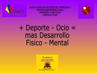 ASOCIACIÓN DE SCOUTS DE VENEZUELA REGIÓN METROPOLITANA DISTRITO CARICUAO UNIDAD CLAN + Deporte - Ocio = mas Desarrollo  Fisico - Mental 