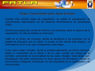 I Etapa: Conocimiento sobre Aulas Virtuales Durante esta primera etapa de capacitación se realiza la actualización de conocimientos relacionados con los Sistemas Administrativos de Aprendizaje (LMS). Conferencia presencial, donde se informa a los docentes sobre el alcance de la capacitación. En ella se enfatiza la motivación. Taller en el Centro de Cómputo, donde se familiariza a los docentes con la plataforma educativa que se utiliza, el acceso al sitio donde está alojada y la matriculación en el curso que corresponde a esta etapa. Curso sobre Aulas Virtuales, donde el profesor-estudiante, en forma individual, desde un computador de su oficina o de su casa, cumple con tareas que le permiten comprender la funcionalidad de las aulas virtuales. Esas tareas son: actualización del perfil, participación en foros, lectura de información, subida de documentos e imágenes, terminando con las respuestas de un cuestionario y de una encuesta.  