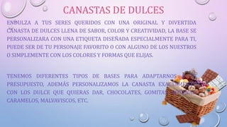 CANASTAS DE DULCES
ENDULZA A TUS SERES QUERIDOS CON UNA ORIGINAL Y DIVERTIDA
CANASTA DE DULCES LLENA DE SABOR, COLOR Y CREATIVIDAD, LA BASE SE
PERSONALIZARA CON UNA ETIQUETA DISEÑADA ESPECIALMENTE PARA TI,
PUEDE SER DE TU PERSONAJE FAVORITO O CON ALGUNO DE LOS NUESTROS
O SIMPLEMENTE CON LOS COLORES Y FORMAS QUE ELIJAS.
TENEMOS DIFERENTES TIPOS DE BASES PARA ADAPTARNOS A TU
PRESUPUESTO, ADEMÁS PERSONALIZAMOS LA CANASTA EXACTAMENTE
CON LOS DULCE QUE QUIERAS DAR, CHOCOLATES, GOMITAS, BOTANAS,
CARAMELOS, MALVAVISCOS, ETC.
 