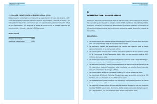 proyectos ejecutados
durante el 2011

proyectos ejecutados
durante 2011

5.
C – Plan de Capacitación de Empleo Local (PCEL)

Infraestructura y Servicios Básicos

Este proyecto contempla la contratación y capacitación de mano de obra no calificada requerida en el área de influencia directa. En Asamblea Comunal se eligen a los

Según los datos de la línea base del área de influencia de Conga, el 51% de las familias

trabajadores requeridos, los mismos que son capacitados y seleccionados en virtud

hace uso de agua entubada no potable y solo el 10% accede a la red pública potable.

de sus habilidades. A lo largo de la etapa de construcción se planea capacitar en

Ante esta situación, los proyectos desarrollados buscaron fomentar la inversión en

construcción y minería a más de 3.000 personas.

infraestructura para mejorar las condiciones necesarias para el desarrollo integral de
las familias.

Resultados
Resultados
Puestos de trabajo

1.904

Personas capacitadas

1.321

•	 Se construyeron dos sistemas de agua potable en Huasiyuc y Santa Rosa de Huasmin, con una inversión total de 753.500 nuevos soles.
•	 Se realizaron trabajos de revestimiento de canales de irrigación para su mejor
aprovechamiento en los campos de cultivo.
•	 Se construyeron aulas en cinco centros educativos primarios en los caseríos Chilac
N.º 8, Coñicorgue, El Lirio, Quengorio Bajo y Alto, con una inversión total de 4.125
millones de nuevos soles.
•	 Se construyó la institución educativa de gestión comunal “José Carlos Mariátegui”,
con una inversión de 500.500 nuevos soles.
•	 Se realizaron estudios y obras complementarias de electrificación en beneficio de
50 caseríos en Huasmín, Sorochuco y La Encañada. Los estudios fueron ejecutados por el ministerio de Energía y Minas.
•	 Se construyeron 96 km de carreteras rurales y 30 km de canales de riego.
•	 Se construyó el Botiquín Comunal Chugurmayo para la atención primaria de 120
familias, con una inversión de 143.000 nuevos soles.
•	 Se implementaron postas médicas con equipos e instrumentos médicos en Santa
Rosa de Huasmin y la Chorrera.
•	 Se mejoró la infraestructura del mercado de abastos Quengorío, con una inversión
total de 110.000 nuevos soles. Asimismo, de los locales comunales de Quinuapampa y Agua Blanca, con una inversión total de 451.000 nuevos soles.

 