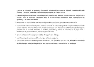ejecución de actividades de aprendizaje relacionadas con los saberes académicos, populares y las manifestaciones
culturales y artísticas, teniendo en cuenta los aspectos formales de la lengua escrita.
 Comprensión y valorización de los diferentes procesos matemáticos y naturales adición, sustracción, multiplicación y
división a partir de situaciones y problemas reales de la vida cotidiana, analizándolos desde sus experiencias de
aprendizaje y del nuevo conocimiento.
 Utilización de las propiedades de la multiplicación (conmutativa, asociativa), para la facilitación del cálculo.
 Reconocimiento como personas integrales, miembros activos de una comunidad, a partir de la ampliación del conocimiento
sobre el ambiente; elementos del ambiente; tipos de paisajes. Así como el desarrollo de habilidades y destrezas que le
permitan vivir en sociedad, desarrollar su identidad, autoestima y sentido de pertenencia a un grupo social, e
identificación de procesos naturales, históricos y socioculturales.
 Aprecio de los elementos de expresión plástica (línea y color) en el dibujo.
 Identificación y valoración de los diferentes tipos de libros y sus partes.
 Análisis de la importancia de los componentes del ambiente, para fomentar el valor de la vida, mediante la exploración
del ambiente y la narración de experiencias de la vida cotidiana sobre la valorización de los seres vivos.
 