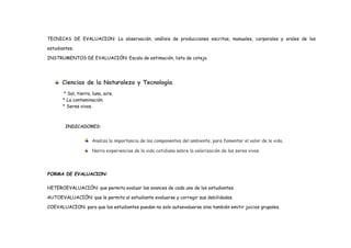 TECNICAS DE EVALUACION: La observación, análisis de producciones escritas, manuales, corporales y orales de los
estudiantes.
INSTRUMENTOS DE EVALUACIÓN: Escala de estimación, lista de cotejo.
Ciencias de la Naturaleza y Tecnología.
* Sol, tierra, luna, aire.
* La contaminación.
* Seres vivos.
INDICADORES:
Analiza la importancia de los componentes del ambiente, para fomentar el valor de la vida.
Narra experiencias de la vida cotidiana sobre la valorización de los seres vivos.
FORMA DE EVALUACION:
HETEROEVALUACIÓN: que permita evaluar los avances de cada uno de los estudiantes.
AUTOEVALUACIÓN: que le permita al estudiante evaluarse y corregir sus debilidades.
COEVALUACION: para que los estudiantes puedan no solo autoevaluarse sino también emitir juicios grupales.
 
