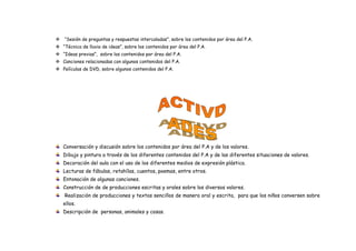  “Sesión de preguntas y respuestas intercaladas”, sobre los contenidos por área del P.A.
 “Técnica de lluvia de ideas”, sobre los contenidos por área del P.A.
 “Ideas previas”, sobre los contenidos por área del P.A.
 Canciones relacionadas con algunos contenidos del P.A.
 Películas de DVD, sobre algunos contenidos del P.A.
Conversación y discusión sobre los contenidos por área del P.A y de los valores.
Dibujo y pintura a través de los diferentes contenidos del P.A y de las diferentes situaciones de valores.
Decoración del aula con el uso de los diferentes medios de expresión plástica.
Lecturas de fábulas, retahílas, cuentos, poemas, entre otros.
Entonación de algunas canciones.
Construcción de de producciones escritas y orales sobre los diversos valores.
Realización de producciones y textos sencillos de manera oral y escrita, para que los niños conversen sobre
ellos.
Descripción de personas, animales y cosas.
 