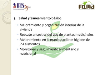 3.   Salud y Saneamiento básicoMejoramiento y organización interior de la viviendaRescate ancestral del uso de plantas medicinalesMejoramiento en la manipulación e higiene de los alimentosMonitoreo y seguimiento alimentario y nutricional