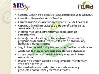 Convocatorias y sensibilización a las comunidades focalizadas Identificación y selección de familiasCaracterización socioeconómica – construcción línea baseCapacitación teórico-práctica de los beneficiarios en las zonas seleccionadas. Montaje módulos biotransformación basados en LombriculturaMontaje módulos de agricultura urbana (Germinación,  preparación de suelos,  montaje de eras de producción, siembras y mantenimiento)Seguimiento nutricional y sanitario a las familias beneficiadasAsistencia técnica permanente durante todo el procesoApoyo en procesos de asociatividad y emprendimiento comunitarioDiseño y aplicación sistema de seguimiento, monitoreo y evaluación continuoDesarrollo de eventos de intercambio de saberes y productos, como ferias y mercados verdes
