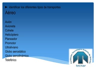 ► identificar los diferentes tipos de transportes
Aéreo
Avión
Avioneta
Cohete
Helicóptero
Planeador
Promotor
Ultraliviano
Globo aerostático
Globo aerodinámico
Teleférico
 