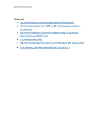 Culturas internacionales
Bibliografía
 http://perso.wanadoo.es/cgomezmayorga/publicado/paises.pdf
 http://www.altonivel.com.mx/19374-los-20-mejores-paises-para-hacer-
negocios.html
 http://www.buenastareas.com/ensayos/Tradicciones-y-Culturas-De-
Diferentes-Paises/1634605.html
 http://www.enfolang.com/
 http://es.wikipedia.org/wiki/Categor%C3%ADa:Cultura_por_pa%C3%ADs
 https://www.blogger.com/profile/06495990379170836243
 