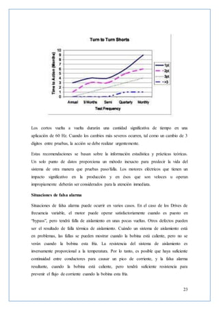 23
Los cortos vuelta a vuelta durarán una cantidad significativa de tiempo en una
aplicación de 60 Hz. Cuando los cambios más severos ocurren, tal como un cambio de 3
dígitos entre pruebas, la acción se debe realizar urgentemente.
Estas recomendaciones se basan sobre la información estadística y prácticas teóricas.
Un solo punto de datos proporciona un método inexacto para predecir la vida del
sistema de otra manera que pruebas paso/falla. Los motores eléctricos que tienen un
impacto significativo en la producción y en ésos que son veloces u operan
impropiamente deberán ser considerados para la atención inmediata.
Situaciones de falsa alarma
Situaciones de falsa alarma puede ocurrir en varios casos. En el caso de los Drives de
frecuencia variable, el motor puede operar satisfactoriamente cuando es puesto en
“bypass”, pero tendrá falla de aislamiento en unas pocas vueltas. Otros defectos pueden
ser el resultado de falla térmica de aislamiento. Cuándo un sistema de aislamiento está
en problemas, las fallas se pueden mostrar cuando la bobina está caliente, pero no se
verán cuando la bobina esta fría. La resistencia del sistema de aislamiento es
inversamente proporcional a la temperatura. Por lo tanto, es posible que haya suficiente
continuidad entre conductores para causar un pico de corriente, y la falsa alarma
resultante, cuando la bobina está caliente, pero tendrá suficiente resistencia para
prevenir el flujo de corriente cuando la bobina esta fría.
 