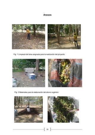 26
Anexos
Fig. 1 Limpieza del área asignada para la realización del proyecto.
Fig. 2 Materiales para la elaboración del abono orgánico.
 