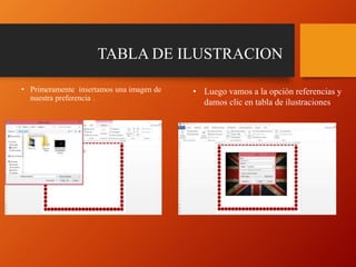TABLA DE ILUSTRACION
• Primeramente insertamos una imagen de
nuestra preferencia .
• Luego vamos a la opción referencias y
damos clic en tabla de ilustraciones
 