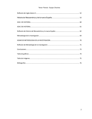 Tercer Parcial.- Equipo Chuchos
2
Reflexión de Ingles básico II:................................................................................................ 52
Historia de Mesoamérica y de la nueva España............................................................. 53
ADA 1 DE HISTORIA............................................................................................................. 60
ADA 2 DE HISTORIA............................................................................................................. 61
Reflexión de Historia de Mesoamérica y la nueva España:..................................................... 62
Metodología de la investigación.......................................................................................... 64
ADA#5 DE METODOLOGIA DE LA INVESTIGACION................................................................. 70
Reflexión de Metodología de lainvestigación:...................................................................... 71
Conclusiones...................................................................................................................... 73
Tabla de gráficos ................................................................................................................ 74
Tabla de imágenes.............................................................................................................. 75
Bibliografías....................................................................................................................... 76
 