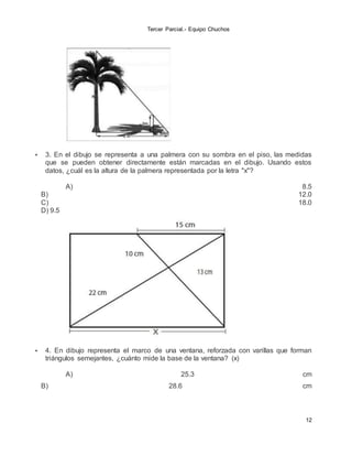 Tercer Parcial.- Equipo Chuchos
12
 3. En el dibujo se representa a una palmera con su sombra en el piso, las medidas
que se pueden obtener directamente están marcadas en el dibujo. Usando estos
datos, ¿cuál es la altura de la palmera representada por la letra "x"?
A) 8.5
B) 12.0
C) 18.0
D) 9.5
 4. En dibujo representa el marco de una ventana, reforzada con varillas que forman
triángulos semejantes, ¿cuánto mide la base de la ventana? (x)
A) 25.3 cm
B) 28.6 cm
 