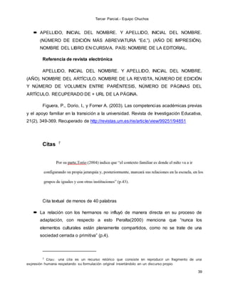 Tercer Parcial.- Equipo Chuchos
39
 APELLIDO, INICIAL DEL NOMBRE. Y APELLIDO, INICIAL DEL NOMBRE.
(NÚMERO DE EDICIÓN MÁS ABREVIATURA “Ed.”). (AÑO DE IMPRESIÓN).
NOMBRE DEL LIBRO EN CURSIVA. PAÍS: NOMBRE DE LA EDITORIAL.
Referencia de revista electrónica
APELLIDO, INICIAL DEL NOMBRE. Y APELLIDO, INICIAL DEL NOMBRE.
(AÑO). NOMBRE DEL ARTÍCULO. NOMBRE DE LA REVISTA, NÚMERO DE EDICIÓN
Y NÚMERO DE VOLUMEN ENTRE PARÉNTESIS, NÚMERO DE PÁGINAS DEL
ARTÍCULO. RECUPERADO DE + URL DE LA PÁGINA.
Figuera, P., Dorio, I., y Forner A. (2003). Las competencias académicas previas
y el apoyo familiar en la transición a la universidad. Revista de Investigación Educativa,
21(2), 349-369. Recuperado de http://revistas.um.es/rie/article/view/99251/94851
Citas 7
Cita textual de menos de 40 palabras
 La relación con los hermanos no influyó de manera directa en su proceso de
adaptación, con respecto a esto Peralta(2000) menciona que “nunca los
elementos culturales están plenamente compartidos, como no se trate de una
sociedad cerrada o primitiva” (p.4).
7 Citas: una cita es un recurso retórico que consiste en reproducir un fragmento de una
expresión humana respetando su formulación original insertándolo en un discurso propio
 