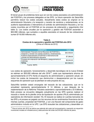 El tercer grupo de problemas tiene que ver con los costos asociados a la administración
del FOSYGA y los procesos delegados en las EPS. La futura operación de Salud-Mía
permitiría reducir los costos actuales. Actualmente estos costos se originan en la
administración fiduciaria y la recepción y revisión de recobros y reclamaciones, en la
auditoría especializada e interventoría al contrato de administración fiduciaria y en los
costos incurridos por el FOSYGA en los procesos de ordenación y seguimiento (Ver
tabla 2). Los costos anuales por la operación y gestión del FOSYGA ascienden a
$63.998 millones, que sumados a aquellos asociados al recaudo de las cotizaciones
suman $118.000 millones año.
Tabla 2.
Costos de la operación y gestión del FOSYGA año 2012
(Cifras en millones de 2012)
CONCEPTO
Administrador Fiduciario de los Recursos del FOSYGA y
recepción y revisión de cuentas recobros y reclamaciones
Auditoría especializada al FOSYGA e interventoría del
contrato de administración fiduciaria
Procesos de ordenación del Ministerio y aseguramiento al
FOSYGA
TOTAL
Fuente: MSPS

Costo
$50.458,00
$7.296,00
$6.244,00
$63.998,00

Los costos de operación, funcionamiento y desarrollo tecnológico de la nueva Entidad
se estiman en $55.000 millones del año 2016 14, costo que representaría ahorros de
aproximadamente el 57% frente al esquema de administración y operación actual, sin
incluir los costos de transacción que disminuirían o desaparecerían por los nuevos
esquemas de operación que se plantean en este proyecto de Ley.
Salud-Mía también estará encargada del recaudo de las cotizaciones, que en la
actualidad representa aproximadamente $ 14 billones y que después de la
implementación de la Reforma Tributaria ascenderá a aproximadamente a $ 8 billones.
Este proceso se encuentra delegado actualmente en las EPS quienes realizan el
recaudo a través de la planilla única de liquidación de aportes (PILA) administrada por
operadores de información (existen 16). El recaudo se realiza en cuentas bancarias de
las EPS y el proceso es pagado con los recursos de los rendimientos financieros de las
mismas cuentas, propiedad del FOSYGA, y con una fracción del componente de gasto
administrativo incluido en la UPC. Las EPS recaudan las cotizaciones y desarrollan un
14

Para el primer año 2015 se estima que además del costo de funcionamiento y operación se requerirán
inversiones iniciales en infraestructura y adecuaciones del orden de $18.000 millones de pesos.

52

 