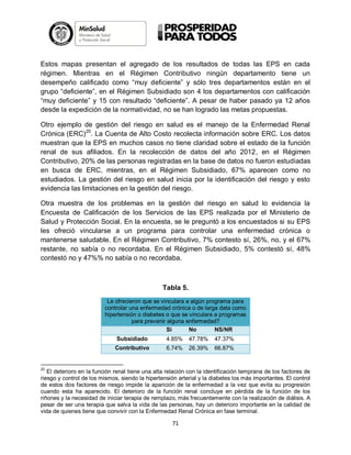 Estos mapas presentan el agregado de los resultados de todas las EPS en cada
régimen. Mientras en el Régimen Contributivo ningún departamento tiene un
desempeño calificado como “muy deficiente” y sólo tres departamentos están en el
grupo “deficiente”, en el Régimen Subsidiado son 4 los departamentos con calificación
“muy deficiente” y 15 con resultado “deficiente”. A pesar de haber pasado ya 12 años
desde la expedición de la normatividad, no se han logrado las metas propuestas.
Otro ejemplo de gestión del riesgo en salud es el manejo de la Enfermedad Renal
Crónica (ERC)20. La Cuenta de Alto Costo recolecta información sobre ERC. Los datos
muestran que la EPS en muchos casos no tiene claridad sobre el estado de la función
renal de sus afiliados. En la recolección de datos del año 2012, en el Régimen
Contributivo, 20% de las personas registradas en la base de datos no fueron estudiadas
en busca de ERC, mientras, en el Régimen Subsidiado, 67% aparecen como no
estudiados. La gestión del riesgo en salud inicia por la identificación del riesgo y esto
evidencia las limitaciones en la gestión del riesgo.
Otra muestra de los problemas en la gestión del riesgo en salud lo evidencia la
Encuesta de Calificación de los Servicios de las EPS realizada por el Ministerio de
Salud y Protección Social. En la encuesta, se le preguntó a los encuestados si su EPS
les ofreció vincularse a un programa para controlar una enfermedad crónica o
mantenerse saludable. En el Régimen Contributivo, 7% contesto sí, 26%, no, y el 67%
restante, no sabía o no recordaba. En el Régimen Subsidiado, 5% contestó sí, 48%
contestó no y 47%% no sabía o no recordaba.

Tabla 5.
Le ofrecieron que se vinculara a algún programa para
controlar una enfermedad crónica o de larga data como
hipertensión o diabetes o que se vinculara a programas
para prevenir alguna enfermedad?
Sí
No
NS/NR
Subsidiado

4.85%

47.78%

47.37%

Contributivo

6.74%

26.39%

66.87%

20

El deterioro en la función renal tiene una alta relación con la identificación temprana de los factores de
riesgo y control de los mismos, siendo la hipertensión arterial y la diabetes los más importantes. El control
de estos dos factores de riesgo impide la aparición de la enfermedad a la vez que evita su progresión
cuando esta ha aparecido. El deterioro de la función renal concluye en pérdida de la función de los
riñones y la necesidad de iniciar terapia de remplazo, más frecuentemente con la realización de diálisis. A
pesar de ser una terapia que salva la vida de las personas, hay un deterioro importante en la calidad de
vida de quienes tiene que convivir con la Enfermedad Renal Crónica en fase terminal.

71

 