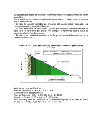 En este proyecto todos los usuarios son considerados nuevos (actualmente no tienen
conexión).
Estos beneficios se estiman a través de las áreas bajo la curva de demanda como se
indica a continuación:
representado por el área del rectángulo.
agua que se representa por el área del triangulo comprendido bajo la curva de
demanda y los límites de consumo.
beneficios de cada tipo.
Valor de los recursos liberados:
Área del rectángulo = 10.14 x 3.24 = S/. 32.87
Valor excedente del consumidor:
Área del Triángulo = ((9.84-3.24)+10.14))/2 = S/. 33.47
Beneficios Totales: 32.87 + 33.47 = S/. 66.34 /mes
En Cuadro siguiente se presentan los beneficios desagregados y totales en forma
anual para todo el período de evaluación del proyecto.
 