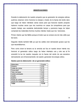 16
OBSERVACIONES
Durante la elaboración de nuestro proyecto que es generador de energías eólicas
pudimos observar cómo funciona la energía a través de la fuerza del viento claro
que luego de haber intentado varias veces para que funcione nuestro proyecto
hubieron muchas veces que nos reunimos en casas de compañeros para que
nuestro trabajo sea excelente dedicándole tiempo y paciencia luego de haber
comprado los materiales hicimos muchos intentos hasta que nos funcionara.
Primer intento que fue fallido porque el motor que se compro era de más voltio que
las luces.
Segundo intento también fallo ya que los cables eran demasiado grueso que los
que necesitábamos.
Pero como dicen la tercera es la vencida así fue en nuestro tercer intento nos
funcionó el generador eólico luego de haber intentado una y otra vez al fin
encendió la luz de nuestra maqueta con la fuerza del viento de una secadora
demostrando así el funcionamiento de nuestro generador de energía eólico.
Gastos para la elaboración de un generador eólico:
Materiales Costos
Dinamo 2.50
Cable de cobre 0.70
Focos ledf 0.15
Tubo de base 3.00
Cartón prensado 2.35
Cautín 1.50
Estaño 0.80
Pasta de soldar 1.35
Aspas de ventilador 0.00
Total 13.50
 