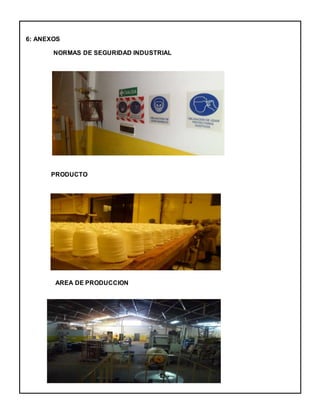 6: ANEXOS
NORMAS DE SEGURIDAD INDUSTRIAL
PRODUCTO
AREA DE PRODUCCION
 