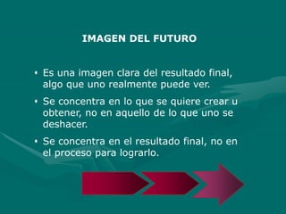 IMAGEN DEL FUTURO
 Es una imagen clara del resultado final,
algo que uno realmente puede ver.
 Se concentra en lo que se quiere crear u
obtener, no en aquello de lo que uno se
deshacer.
 Se concentra en el resultado final, no en
el proceso para lograrlo.
 