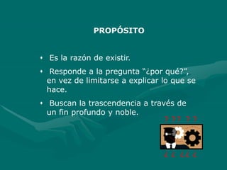 PROPÓSITO
 Es la razón de existir.
 Responde a la pregunta “¿por qué?”,
en vez de limitarse a explicar lo que se
hace.
 Buscan la trascendencia a través de
un fin profundo y noble.
? ?
?
?
?
?
? ? ? ?
 
